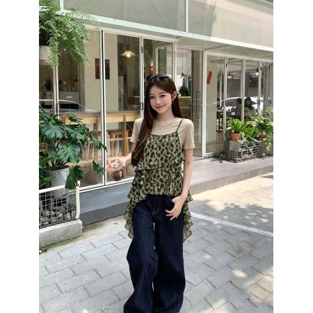BY24824# 夏季新款圆领短袖T恤不规则吊带豹纹荷叶边两件套女
