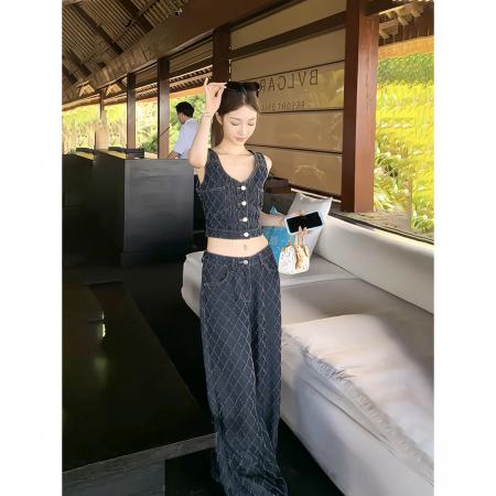 BY24829# 都市格调风牛仔套装女夏季设计感菱格纹背心阔腿裤两件套时尚显瘦