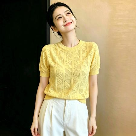 BY24836# 优雅精致女人味提花肌理圆领针织衫夏新款温柔洋气减龄镂空上衣女