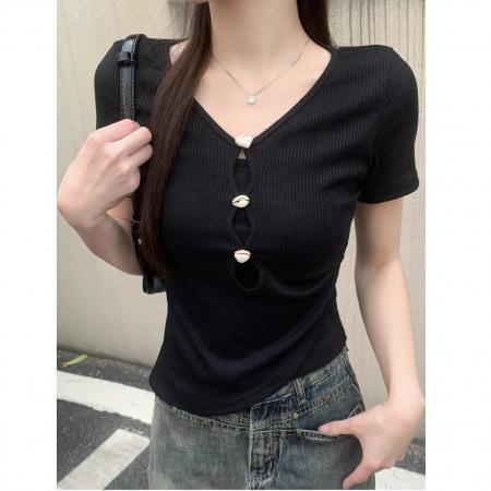 BY24844# 夏季新款时尚女装高级设计感法式V领短袖不规则修身上衣