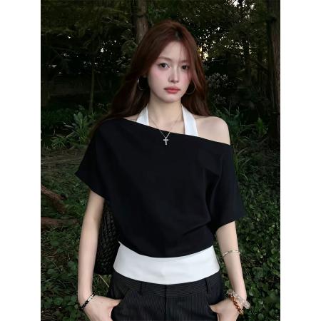 BY24847# 黑白撞色斜肩挂脖短袖T恤女假两件设计感露肩纯欲风短款上衣
