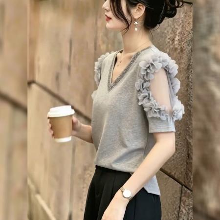 BY24850# 大码花朵T恤女夏季新款蕾丝拼接短袖修身上衣