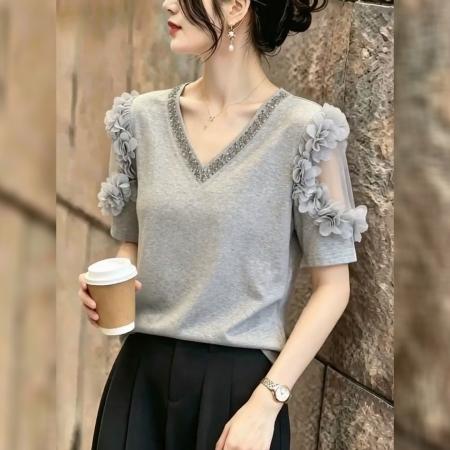 BY24850# 大码花朵T恤女夏季新款蕾丝拼接短袖修身上衣