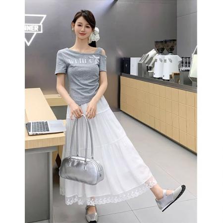 BY24852# 女夏季新款显瘦斜肩新款不规则上衣