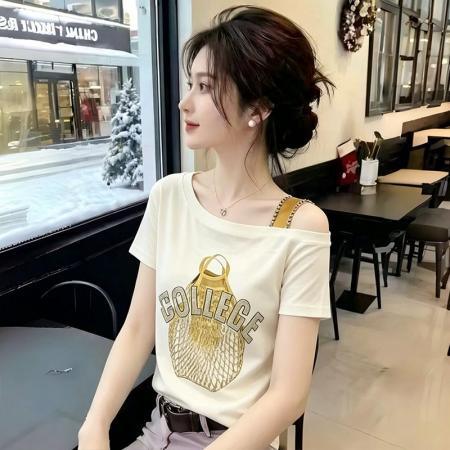 BY24855# 大码时尚露肩印花短袖T恤女夏季新款设计感显瘦上衣