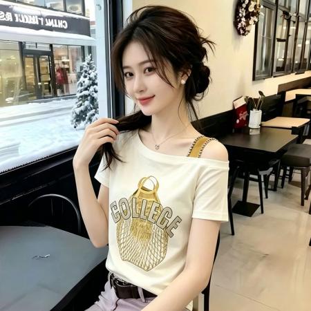 BY24855# 大码时尚露肩印花短袖T恤女夏季新款设计感显瘦上衣