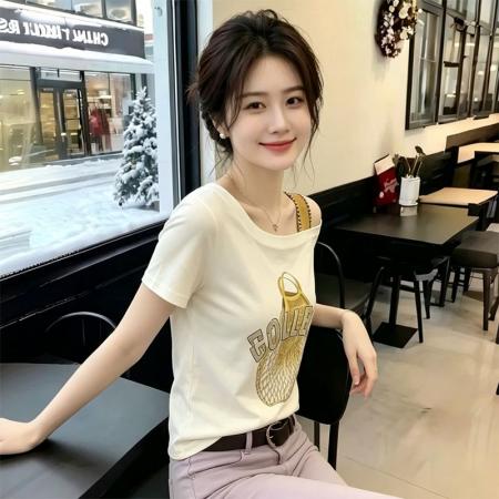 BY24855# 大码时尚露肩印花短袖T恤女夏季新款设计感显瘦上衣