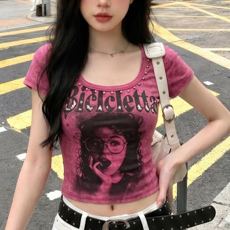 BY24858# 复古重工辣妹方领铆钉扎染印花短袖T恤夏季独特百搭修身上衣