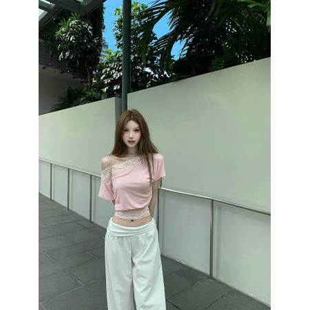 BY24859# 蕾丝拼接斜肩短袖T恤女夏季短款设计感收腰显瘦露脐小上衣