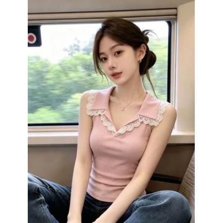 BY24862# 蕾丝花边拼接翻领无袖背心夏季新款独特超好看漂亮上衣