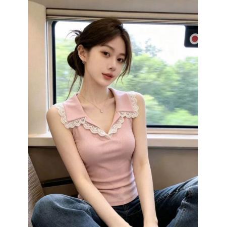 BY24862# 蕾丝花边拼接翻领无袖背心夏季新款独特超好看漂亮上衣