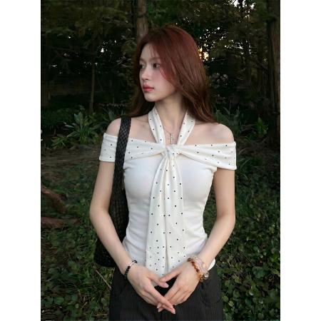 BY24864# 白色波点挂脖一字肩短袖T恤女夏季纯欲风修身显瘦百搭辣妹上衣