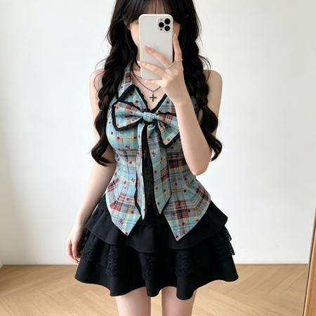 BY24866# 甜美蝴蝶结格纹上衣蛋糕裙两件套女夏季小个子显瘦设计感套装