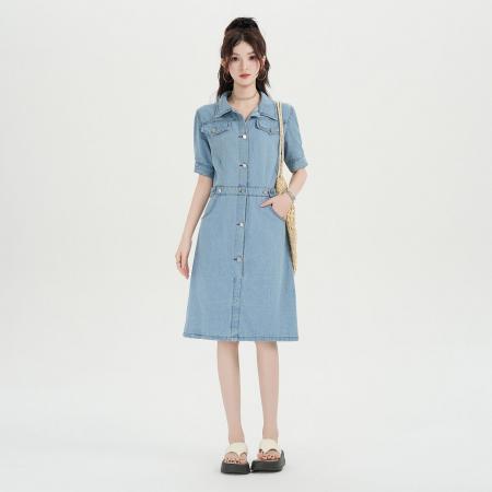 BY24868# 复古牛仔连衣裙女夏季高级感收腰显瘦气质减龄休闲裙子
