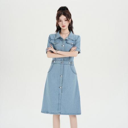 BY24868# 复古牛仔连衣裙女夏季高级感收腰显瘦气质减龄休闲裙子