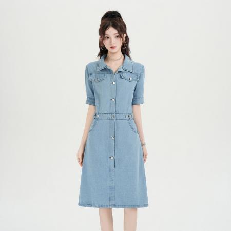 BY24868# 复古牛仔连衣裙女夏季高级感收腰显瘦气质减龄休闲裙子