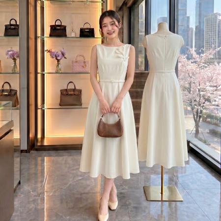BY24893# MandyZhang郁金香高定系列醋酸白色连衣裙女赫本风气质礼服长裙