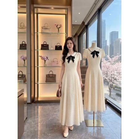 BY24896# 娃娃领甜美杏色波点连衣裙女夏季小香风法式掐腰miu系小洋裙a字裙