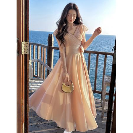 BY24898# GoodJob洛伊少女法式粉色v领雪纺连衣裙女夏季海边度假长裙