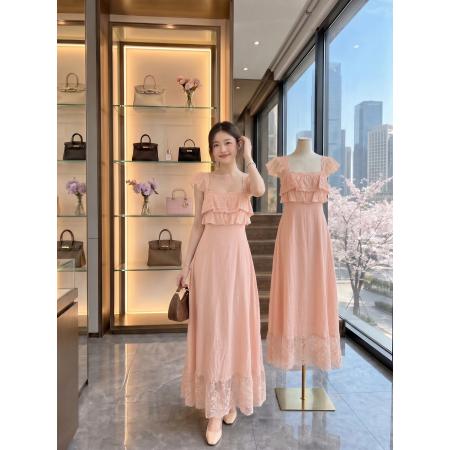 BY24899# 板栗可可夏季新款lanna落日长裙蕾丝荷叶边A字收腰显瘦连衣裙女