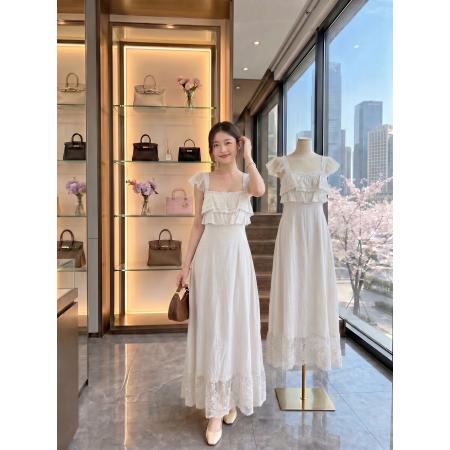 BY24899# 板栗可可夏季新款lanna落日长裙蕾丝荷叶边A字收腰显瘦连衣裙女