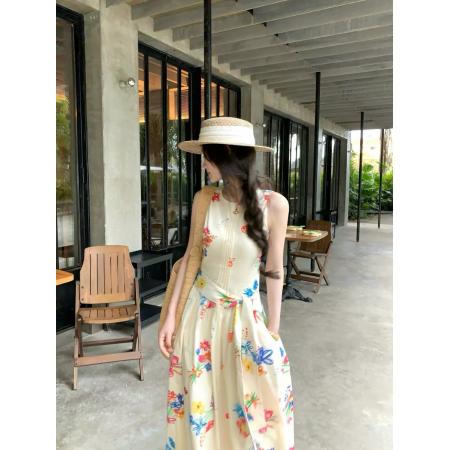 BY24924# Thecoco系带收腰手绘印花无袖棉连衣裙女夏季气质遮肉显瘦长裙子