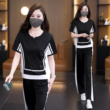 BY24927# 夏季新款大码女装休闲运动套装胖MM时尚显瘦上衣裤子两件套女