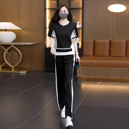 BY24927# 夏季新款大码女装休闲运动套装胖MM时尚显瘦上衣裤子两件套女