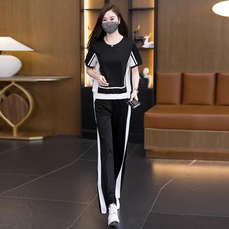 BY24927# 夏季新款大码女装休闲运动套装胖MM时尚显瘦上衣裤子两件套女