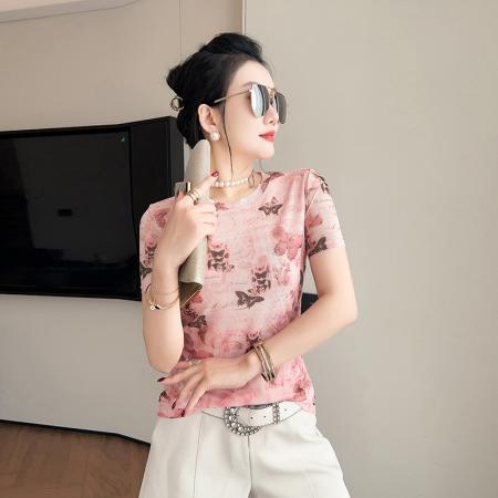 BY24931# 欧货夏季时尚纱网印花定位花短袖圆领修身显瘦洋气上衣潮