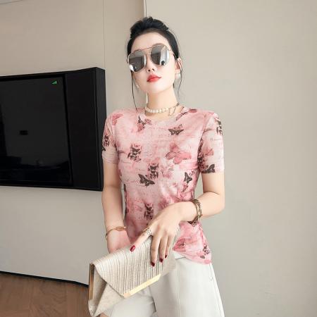 BY24931# 欧货夏季时尚纱网印花定位花短袖圆领修身显瘦洋气上衣潮
