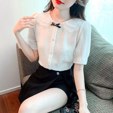 BY24932# 甜美娃娃领雪纺衬衫女短袖夏装新款女设计感小众白色上衣女