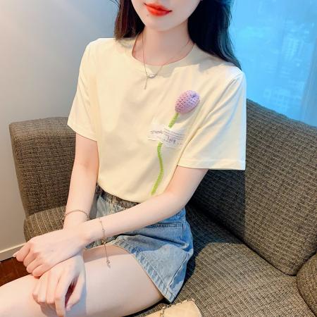 BY24933# 新款宽松立体花朵纯棉T恤女学生短袖体恤字母上衣ins夏