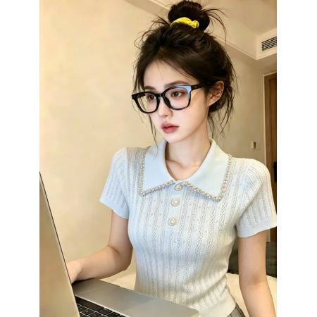 BY24936# 自留款推荐法式小香风polo领针织T恤女夏季款高级感镶钻修身上衣