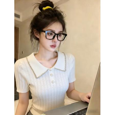 BY24936# 自留款推荐法式小香风polo领针织T恤女夏季款高级感镶钻修身上衣