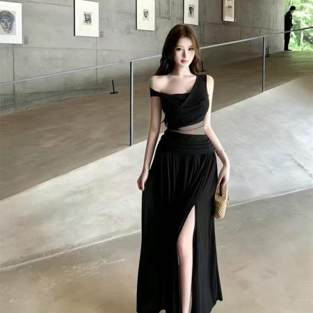 BY24956# 轻熟风气质荡领无袖连衣裙女夏季新款优雅气质露肩绝美开叉长裙子