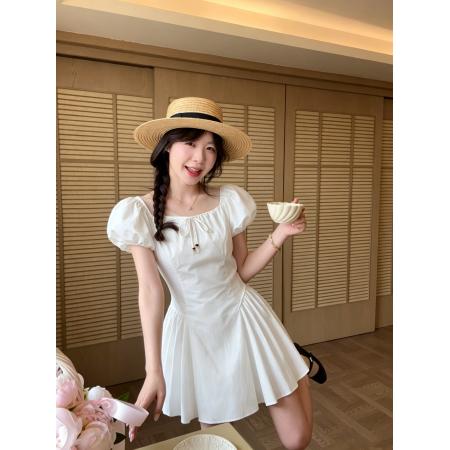 BY24970# 韩系百搭收腰短袖纯色连衣裙