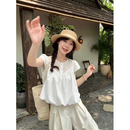 BY24971# 韩版钩花设计感花苞短袖衬衫