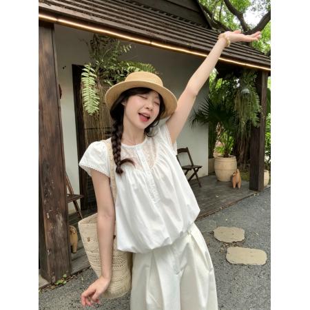 BY24971# 韩版钩花设计感花苞短袖衬衫