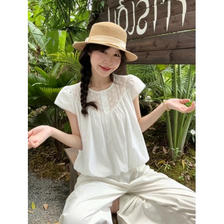 BY24971# 韩版钩花设计感花苞短袖衬衫