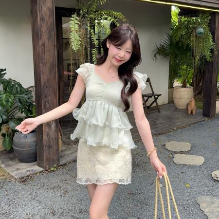 BY24973# 夏季百搭小飞袖雪纺衫别致显瘦短上衣