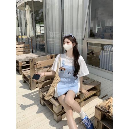 BY24974# 卡通刺绣休闲假两件减龄短袖T恤宽松显瘦上衣