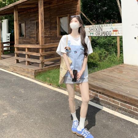 BY24974# 卡通刺绣休闲假两件减龄短袖T恤宽松显瘦上衣