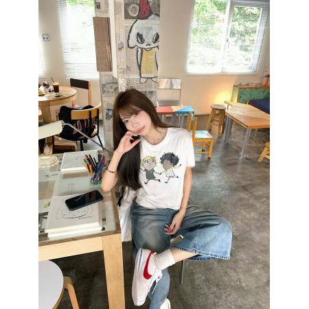 BY24975# 韩版创意搞怪图案波点印花圆领短袖T恤上衣