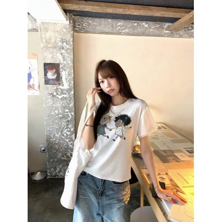 BY24975# 韩版创意搞怪图案波点印花圆领短袖T恤上衣