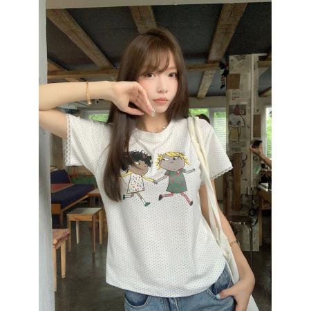 BY24975# 韩版创意搞怪图案波点印花圆领短袖T恤上衣