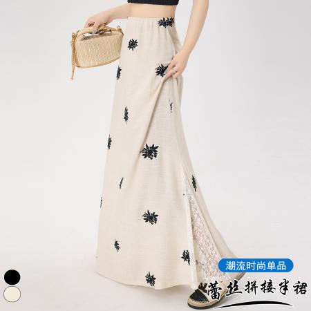 BY24981# 亚麻刺绣蕾丝拼接半身裙女夏季新款a字中长款设计感裙子