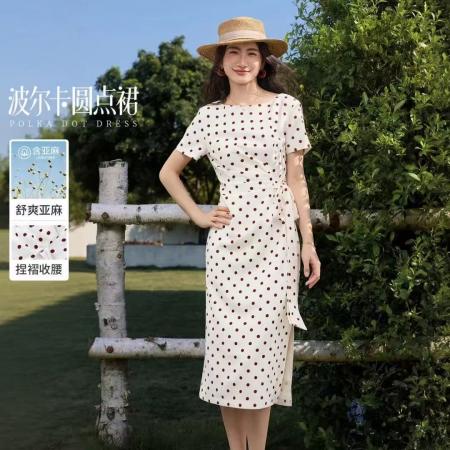 BY24982# 波尔卡圆点裙夏含亚麻捏褶收腰显瘦短袖中长裙女