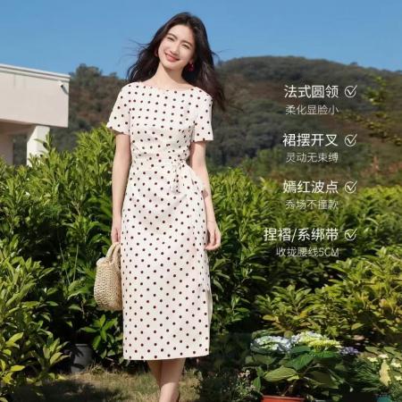 BY24982# 波尔卡圆点裙夏含亚麻捏褶收腰显瘦短袖中长裙女