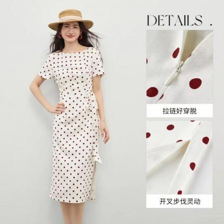 BY24982# 波尔卡圆点裙夏含亚麻捏褶收腰显瘦短袖中长裙女